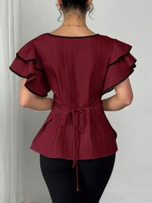 SHEIN Clasi 女士双层荷叶边袖系腰衬衫 - 酒紅色 - 查看 2