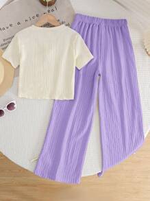 LMoss Kids LMoss Tween Girl 2 件套 Tween 女童提花提花紧身衣上衣和纹理阔腿裤套装 - 紫丁香色 - 查看 2