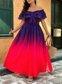 Breezaya 渐变色松紧腰部不对称下摆宽松大码女式大码连衣裙，优雅