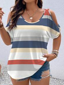 SHEIN LUNE Plus Size Color Block Striped Open Shoulder Short Sleeve Casual T-Shirt, Summer Graphic Tees Women Tops Stripe Topmulticolor Women Blouseswomen Tops Summerstriped Top