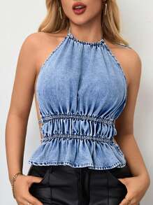 SHEIN SXY Top sin espalda de mujer sexy de mezclilla, adecuado para fiestas y salir - Azul - Ver 6