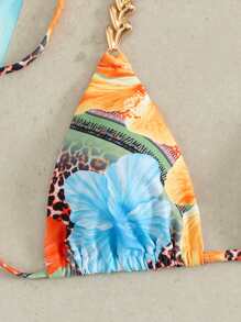 SHEIN Swim Women Casual Vacation Random Floral & Leopard Print Halter Neck Triangle Top And Tied Side Bikini Bottom Set