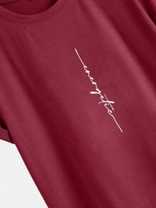 RueChic Men's Letter Print Round Neck Short Sleeve Casual Versatile T-Shirt - Burgundy - View 4