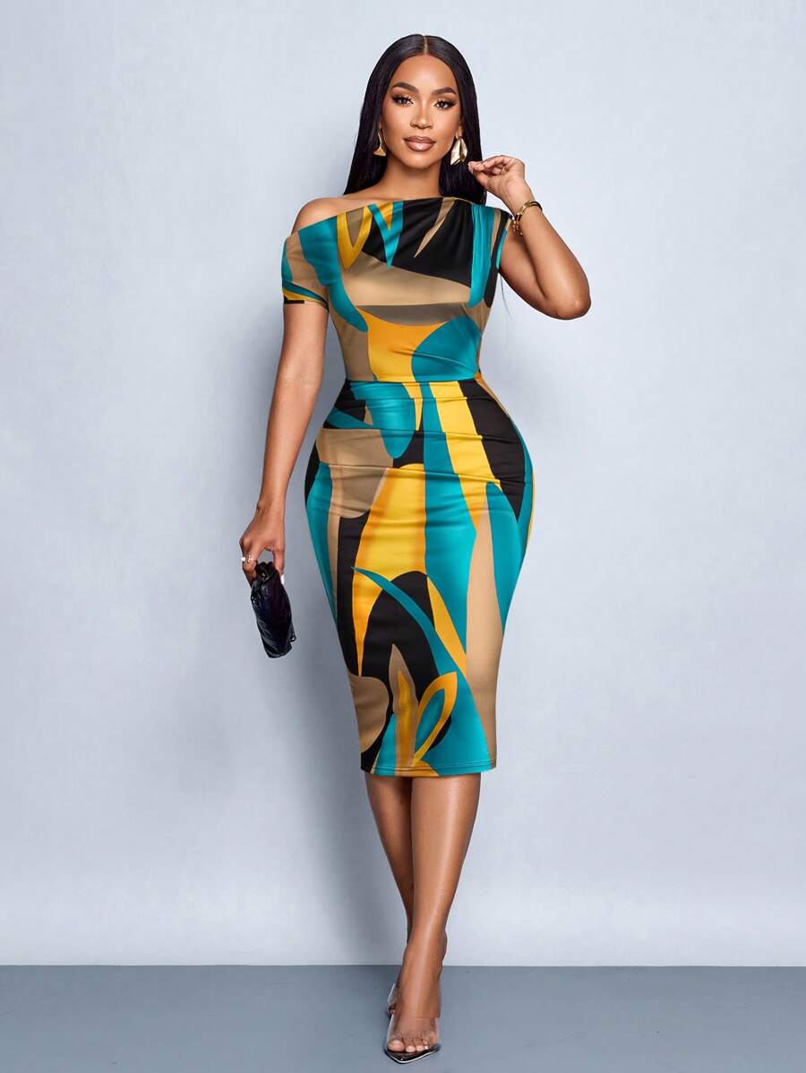 SOLERSUN 女式春夏豹纹玫瑰花朵印花露肩短袖针织复古风格性感休闲紧身中长连衣裙（花朵随机） - 黃色 - 查看 1