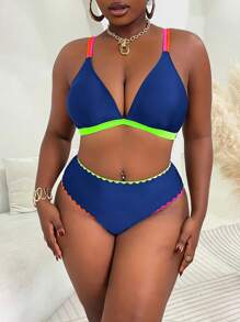 Slaydiva 撞色钩针边缘加大码女式两件套比基尼泳装，休闲度假装