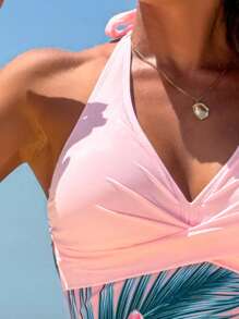 Swim Lushoire Women's Halter V-Neck Solid Color Patchwork Floral Print Twist Front One-Piece Swimsuit For Summer Beach Vacation - Pink - View 3