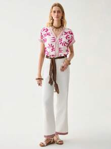 Florisole Women's Stylish Pink Floral Patchwork Shirt, Spring And Summer - Hot Pink - View 6