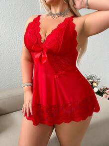 SHEIN 2 件/套大码性感内衣 - 深 V 蕾丝对比网眼连体衣和丁字裤 - 紅色 - 查看 4