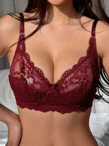 DAZY 女士蕾丝无钢圈迷你纯色性感文胸 - 酒紅色 - 查看 8
