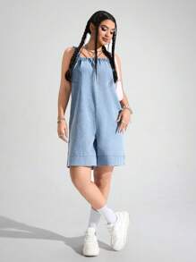 SHEIN EZwear Women's Denim Sleeveless Jumpsuit, Solid Color, Fashion Style Suitable For Summer Romper - Light Wash - View 1