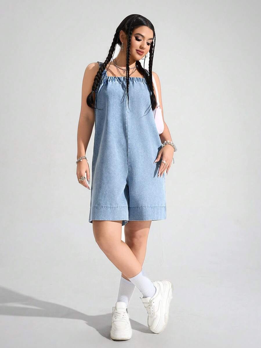 SHEIN EZwear Women's Denim Sleeveless Jumpsuit, Solid Color, Fashion Style Suitable For Summer Romper - Light Wash - View 1