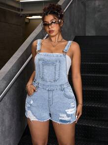 SHEIN ICON Casual Fashion Versatile Washed Distressed Denim Bib Overall Pants