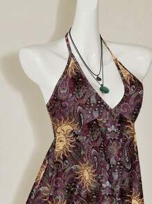 SHEIN ICON 女式无袖上衣，带有太阳神印花，休闲不对称下摆 V 领露背吊带结简约女式背心，太阳神印花，佩斯利印花，适合夏季、音乐节、Y2K - 彩色 - 查看 5