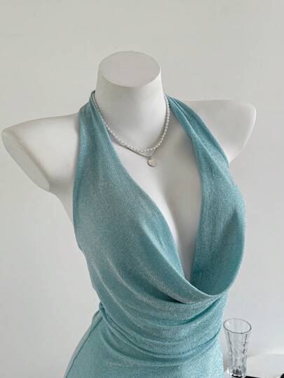 Elamini 女士闪亮亮片深 V 领细肩带迷你连衣裙，浅蓝色，春夏假期