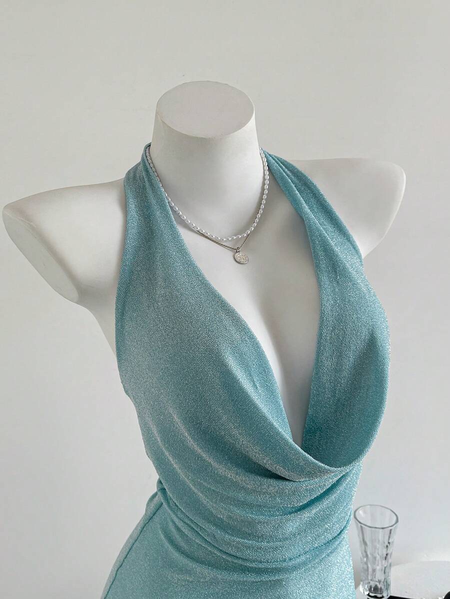 Elamini 女士闪亮亮片深 V 领细肩带迷你连衣裙，浅蓝色，春夏假期 - 藍色 - 查看 1