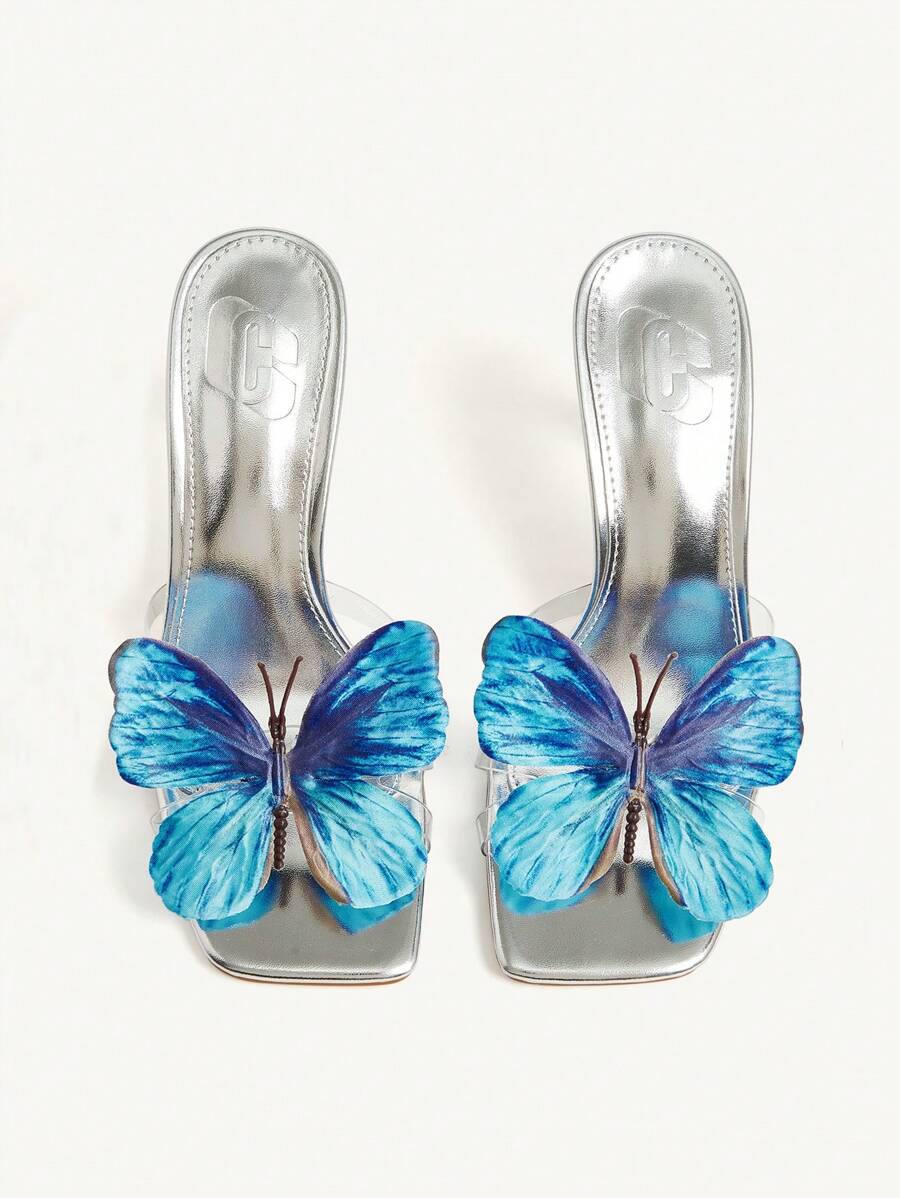 CUCCOO CHICEST Women's Silver Square Toe Transparent PVC Colorful Butterfly Decor Clear High Heel Slide Sandals