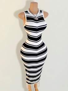 BamGleam Women's Sleeveless Contrast Color Stripe Fringe Hem Slim Dress