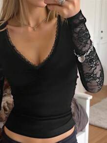 SHEIN EZwear 女士时尚性感纯色蕾丝拼布衬衫