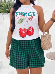 SHEIN VCAY 2pc Plus Size Sleeveless Top And Shorts Set,White,Summer,Casual,Beach,Holiday Cherry Vacation Outfits Green Pants St Pattys Day Off Shoulder - Green - View 6