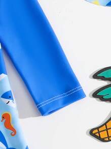 Baby Boy Dolphin Print Raglan Sleeve Rash Guard & Shorts Set, Random Pattern (Includes Hat) - Multicolor - View 3