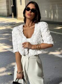 Firerie Chaqueta corta de manga corta, ligera y con textura de rosa 3D, elegante, minimalista, romántica y sofisticada para mujer, ideal para citas, ir al trabajo y vacaciones en otoño/invierno