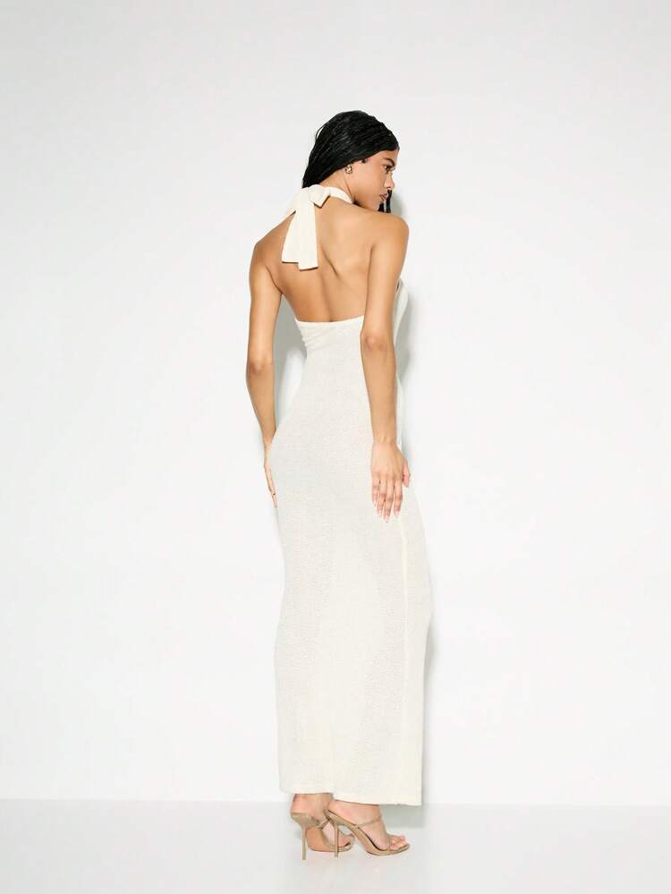 KIZN Sparkly Knit Sequin Halter Maxi Dress With Deep Cutout