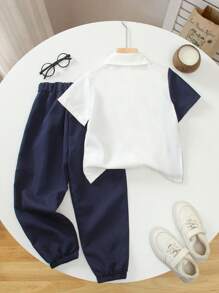 SHEIN Genkimix Kids 男童圓領拼接短袖上衣搭配同款運動長褲休閒套裝，柔軟面料，適合夏季日常穿著 - 彩色 - 查看 2