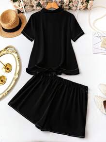 SHEIN LUNE Elegant Commute & Vacation Style Simple Casual Women's Fashion Versatile Comfortable Fabric Shirt Collar Short Sleeve Button-Up Shirt Top With Elastic Waist Shorts Set, Black & White, Plus Size, Spring/Summer/Autumn - Black and White - View 2