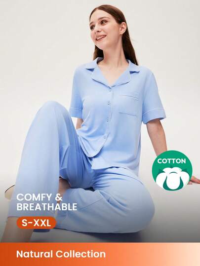 LUVLETTE 柔软100%纯棉撞色滚边短袖基本款纽扣上衣和裤子女士家居服睡衣套装，裤子带口袋，内衣，秋季服装