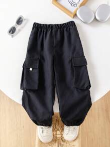 SHEIN Young Boys Casual Comfortable Versatile Side Pockets Drawstring Pants, Suitable For Outing And School - Black - View 4