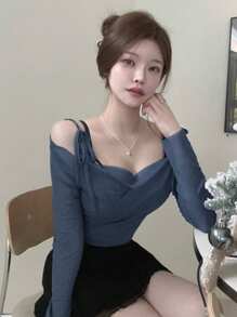 DAZY 1 Áo thun nữ tay dài phối lưới xếp ly dây mảnh màu trơn, áo màu xanh, thích hợp cho mùa hè - Màu xanh hải quân - Xem 4