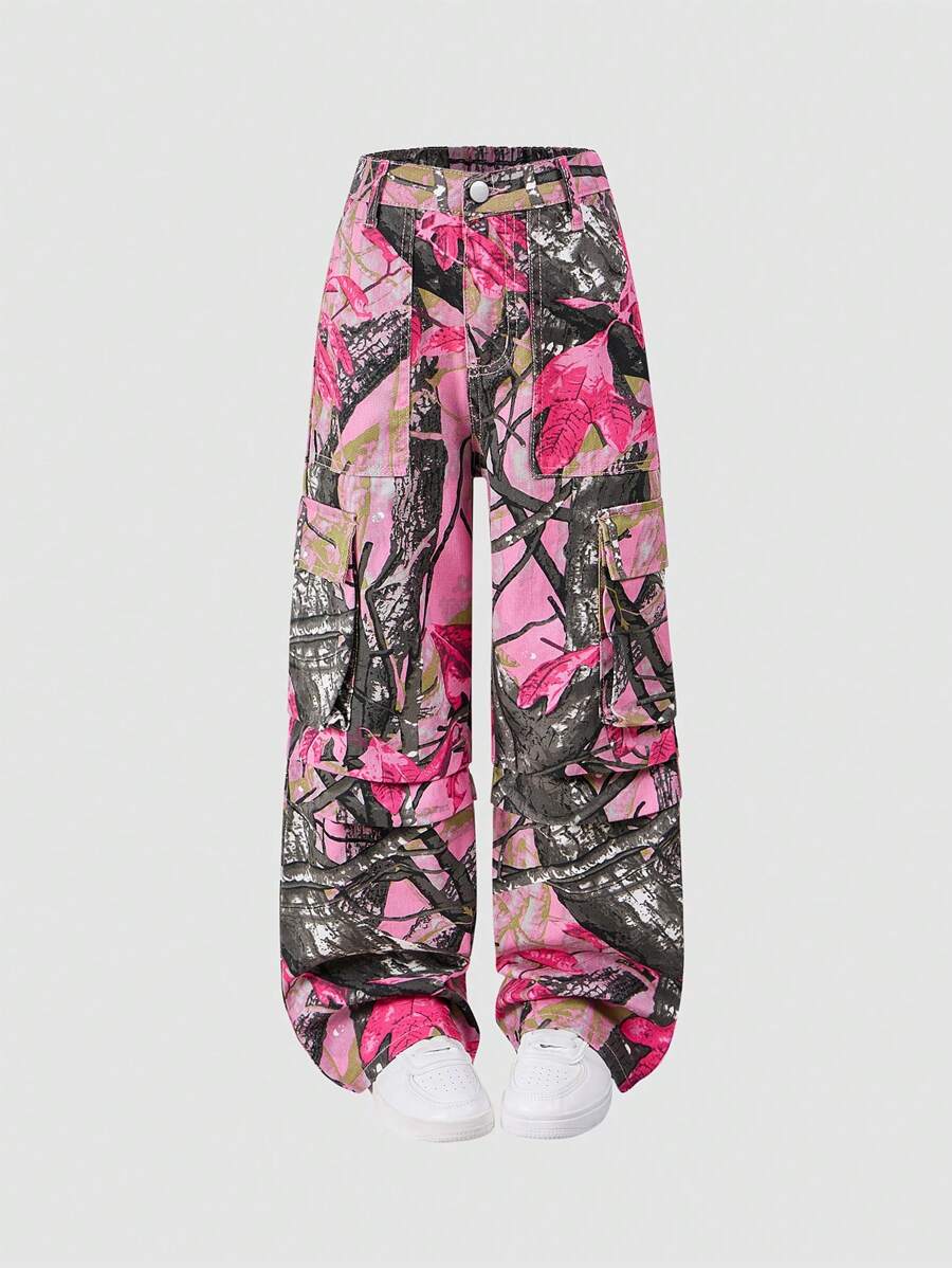 Tween Girls' Y2K Style Casual Versatile Camouflage Denim Wide Leg Pants, Suitable For Daily Wear - Hot Pink - View 1