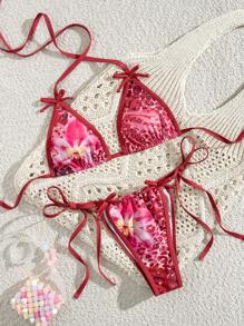 Swim Mod Bộ 2 chiếc/Bộ áo hở cổ in hoa và quần bikini buộc dây bên hông Bộ bikini đi biển thời trang mùa hè - Nhiều màu - Xem 3