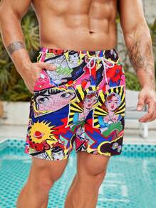 Manfinity VDAYZ 大码男式全身印花抽绳腰袋休闲短裤