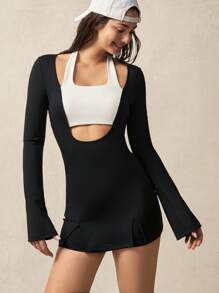 VARSIVA Black & White Patchwork Hollow Out Bell Sleeve Open Slit Tight Fitted Sports Mini Dress - Black and White - View 8