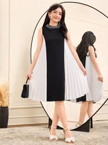 Vestido holgado de punto de cuello redondo elegante con parches plisados para adolescentes