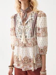 Florisole Women's Bohemian V-Neck Fringe Linen Blend 3/4 Sleeve Printed Blouse, Spring/Summer
