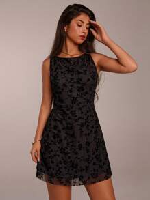SHEIN Forever 21 Women's Black Mini Dress: Sleeveless Knitted Fabric With Floral Print And Round Neckline, Flared Hem - Black - View 6