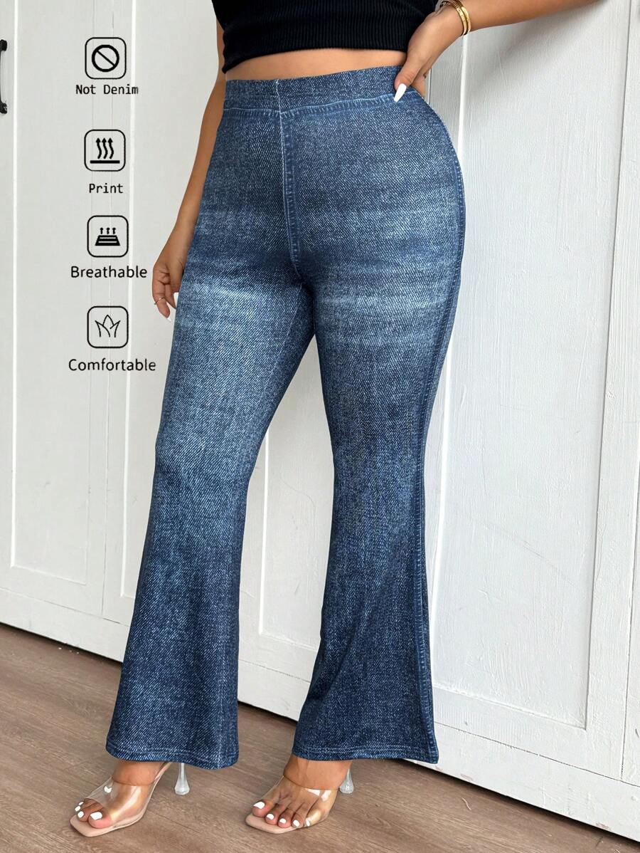 SHEIN Frenchy Plus Size Casual Denim Effect Look Flare Leg Pants - Blue - View 1