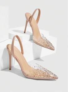 CUCCOO SZL Women's Fashionable Apricot Rhinestone Ankle Strap Pointed Toe Stilettos, Suitable For Commute, Date, Party, Holiday, Wedding - Apricot - View 1