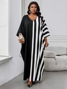 SHEIN Lady Spring And Summer Elegant Commuting Office Casual Boho Black And White Woven V Neck Split Batwing Sleeve Tunic Dress Kaftan Dress Long Quarter Sleeves Plus Size Dresses Plus Size Abayas Elegant Women Dresses Classy Outfits Modest Dress Abaya Dress Women Clothing Summer Vacation Dress Vacation Summer Outfits For Women Summer Dresses For Women Vacation Outfits Women - Black and White - View 6