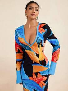 LUNA B Floral Print Deep V Neck Cuff Buttons Long Sleeves Casual Summer Vacation Outfit Beach Women Summer Blouses - Multicolor - View 1