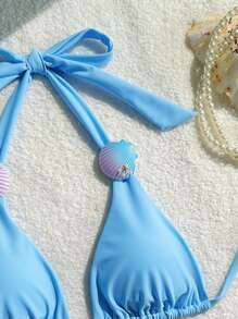 SHEIN Swim 女士浅蓝色夏季休闲露背三角比基尼上衣，百搭泳装、泳池派对、度假 - 淺藍色 - 查看 2