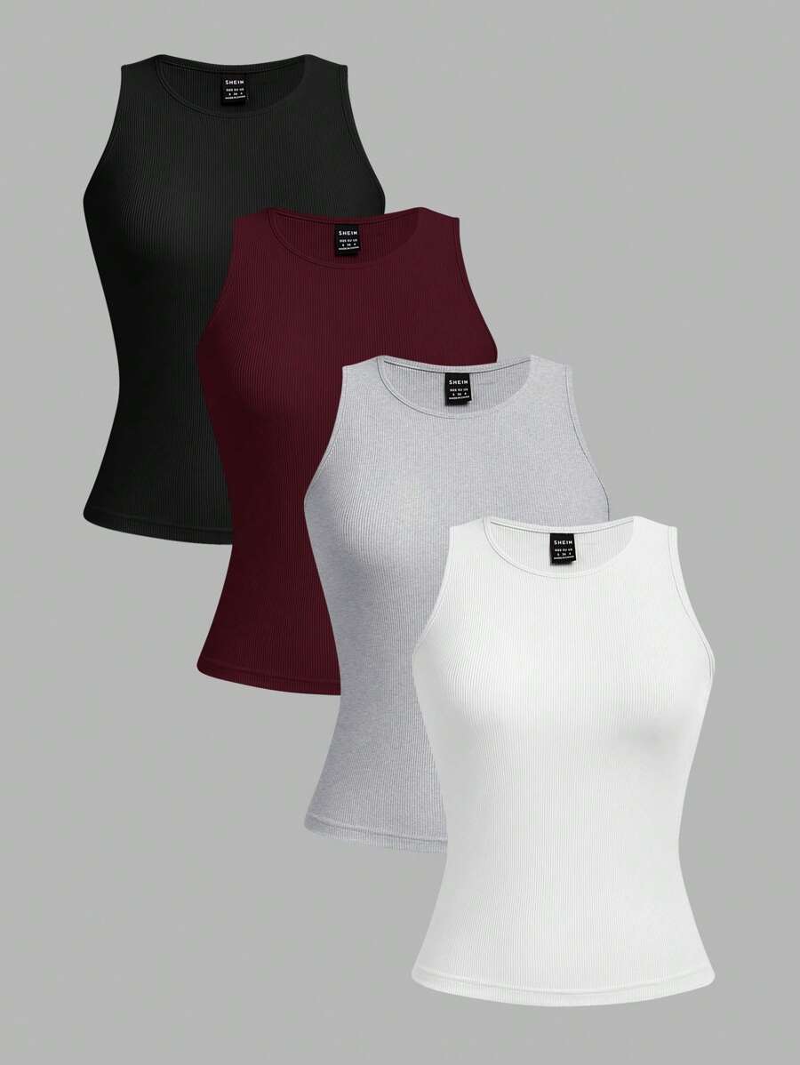 SHEIN EZwear 4pcs Cropped Sexy Tight Fit Tank Tops For Women, Summer Back To School - Multicolor - View 1