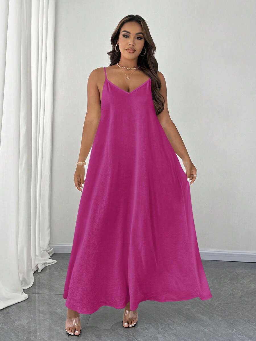 Maweii Plus Size Elegant Solid Color Spaghetti Strap Dress Maxi Women Outfit