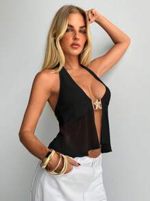 Aloruh Chaleco sin espalda y con cordón de lazo de unicolor y con decoración sexy sin espalda para mujer, Camiseta sin espalda y ceñida de maya blanca para playa, fiesta y festival de música
