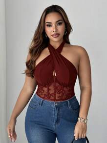 Maweii 大码女装春夏新年酒红色蕾丝镂空弹力休闲法式年轻时尚针织弹力百搭舒适叠穿上衣，适合年轻性感女性参加派对、社交场合，连体衣，紧身胸衣，优雅性感拼接透视露肩修身纯红色连体衣，派对 - 酒紅色 - 查看 3