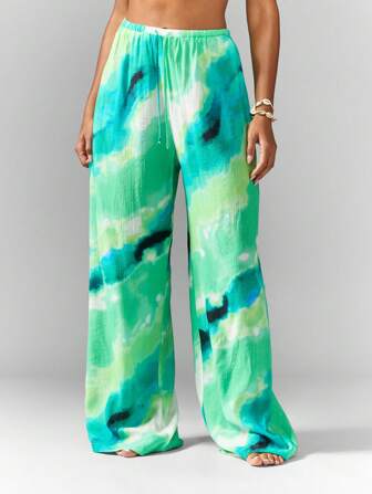 MISSGUIDED Pantalon ample de style décontracté à imprimé aquarelle sur le thème de la villégiature avec jambes larges. Couvre-maillot de plage, tenue d'été pour fête de piscine, vêtement d'intérieur fluide et