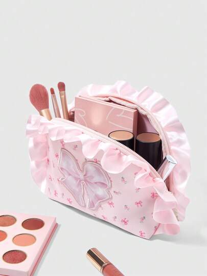 Kawaii Bolsa de maquillaje portátil de gran capacidad con bordado floral de encaje y mariposa, color rosa