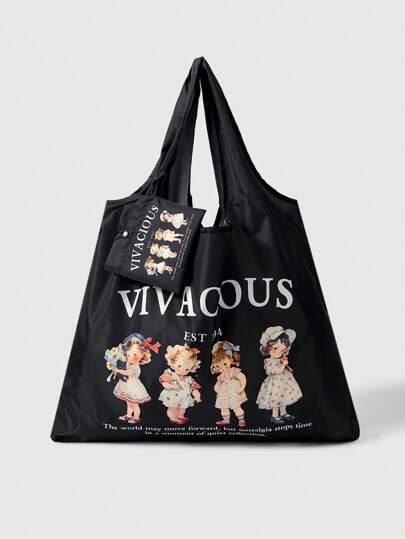 ROMWE Kawaii 2 件卡通美国女孩风格手提包套装，大容量可折叠购物袋带零钱包